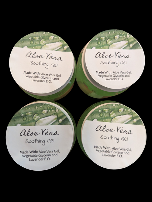 Four containers of Aloe Vera Soothing Gel with green and white labels on a black background.